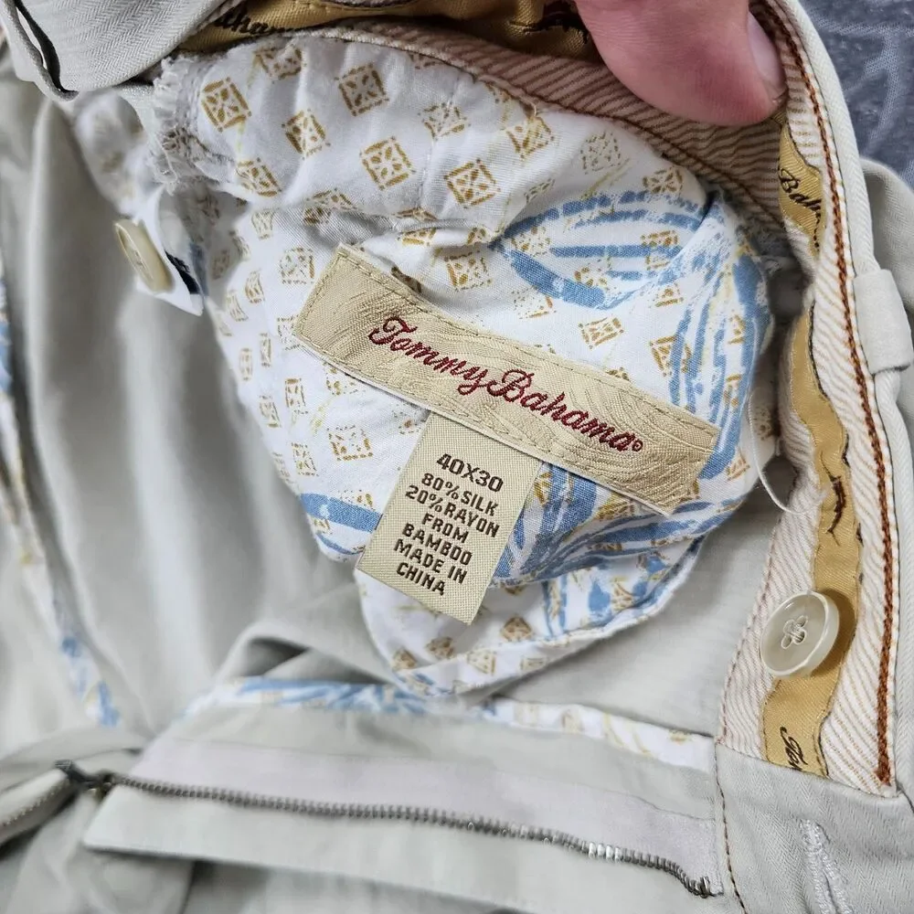 Tommy Bahama Pants Mens 39x28* Beige Silk Blend Pleated Golf Chino Casual Relax
